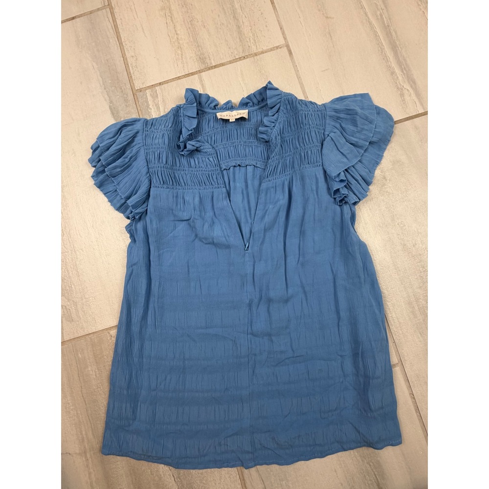 Caballero Blue Smocked Ruffle Flutter Sleeve V-Neck Blouse Top Womens XS
